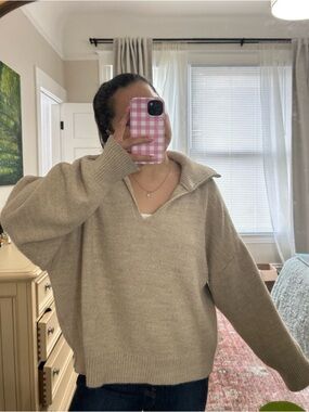 Topshop Beige V-Neck Collared Oversized Sweater